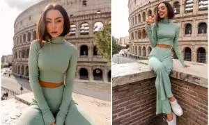 Stylowy komplet bluza i spodenki damskie w kolorze miętowym, prezentowany na tle Koloseum w Rzymie.