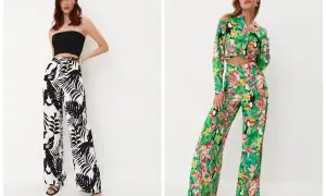 Eleganckie spodnie z wiskozy w tropikalne wzory. Po lewej modelka w czarno-białych, po prawej w kolorowych.