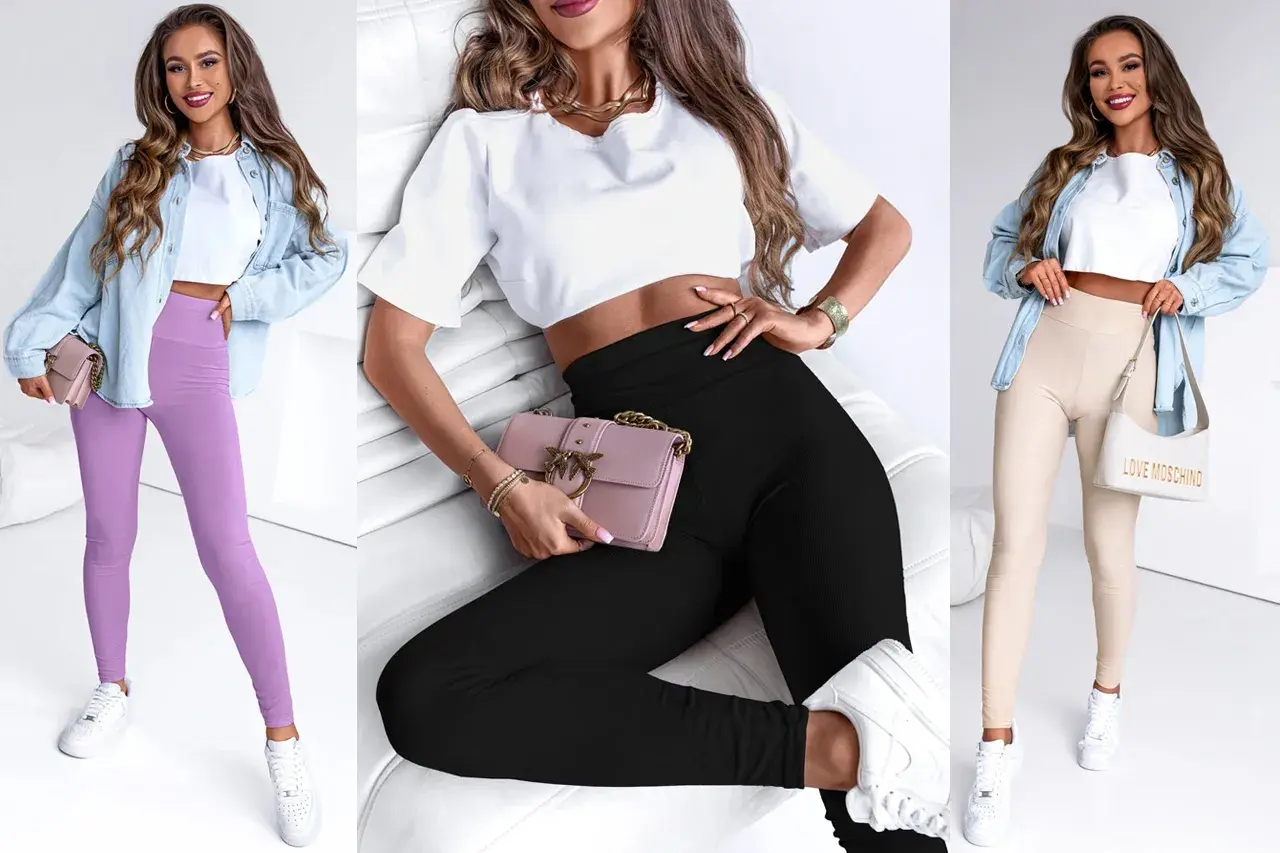 Trzy kobiety prezentują modne spodnie legginsy w kolorach: liliowym, czarnym i beżowym. Idealne na co dzień.