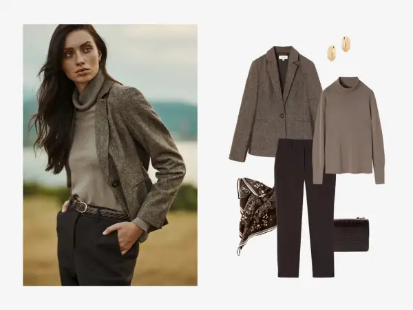 Elegancka stylizacja: jak nosić golf damski z marynarką, spodniami i akcesoriami.