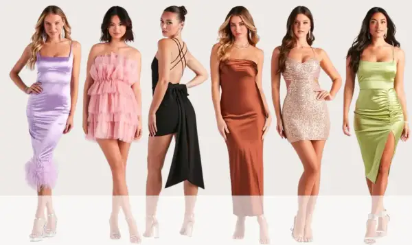 Sześć kobiet prezentuje różne rodzaje dress code: satynowe, tiulowe, cekinowe i z piórami.