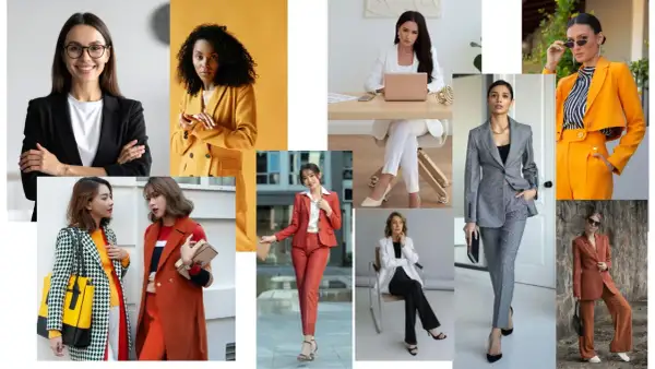 Kobiety w eleganckich stylizacjach casual business: garnitury, marynarki, spodnie. Różne kolory i wzory, od klasycznej czerni po jaskrawy pomarańcz.